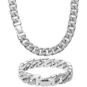 Iced Out Necklace Bracelet Set Cuban Chain Silver Gold Tennis Chain Jewelry